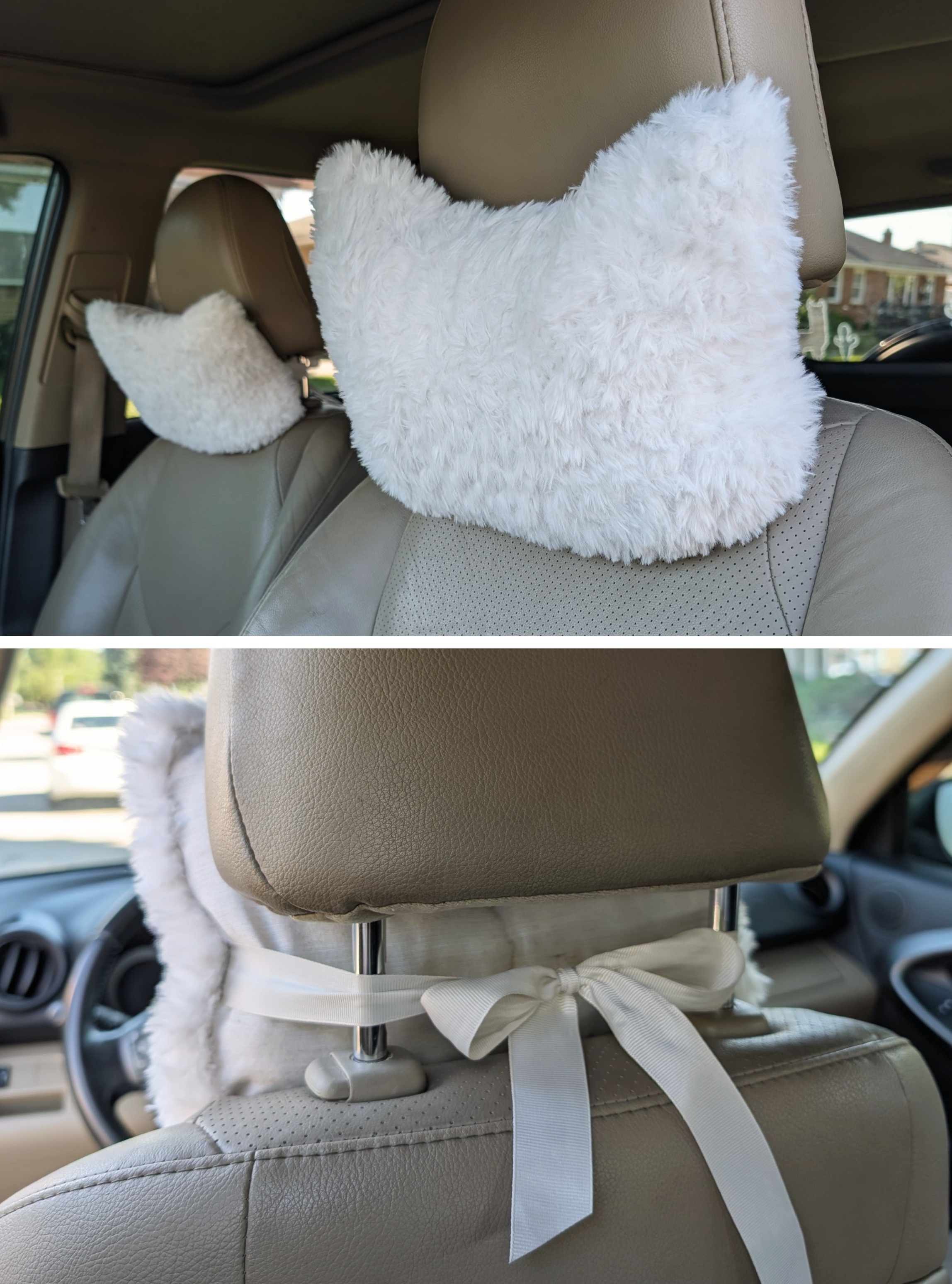 Fluffy car pillows and the back bow tie.