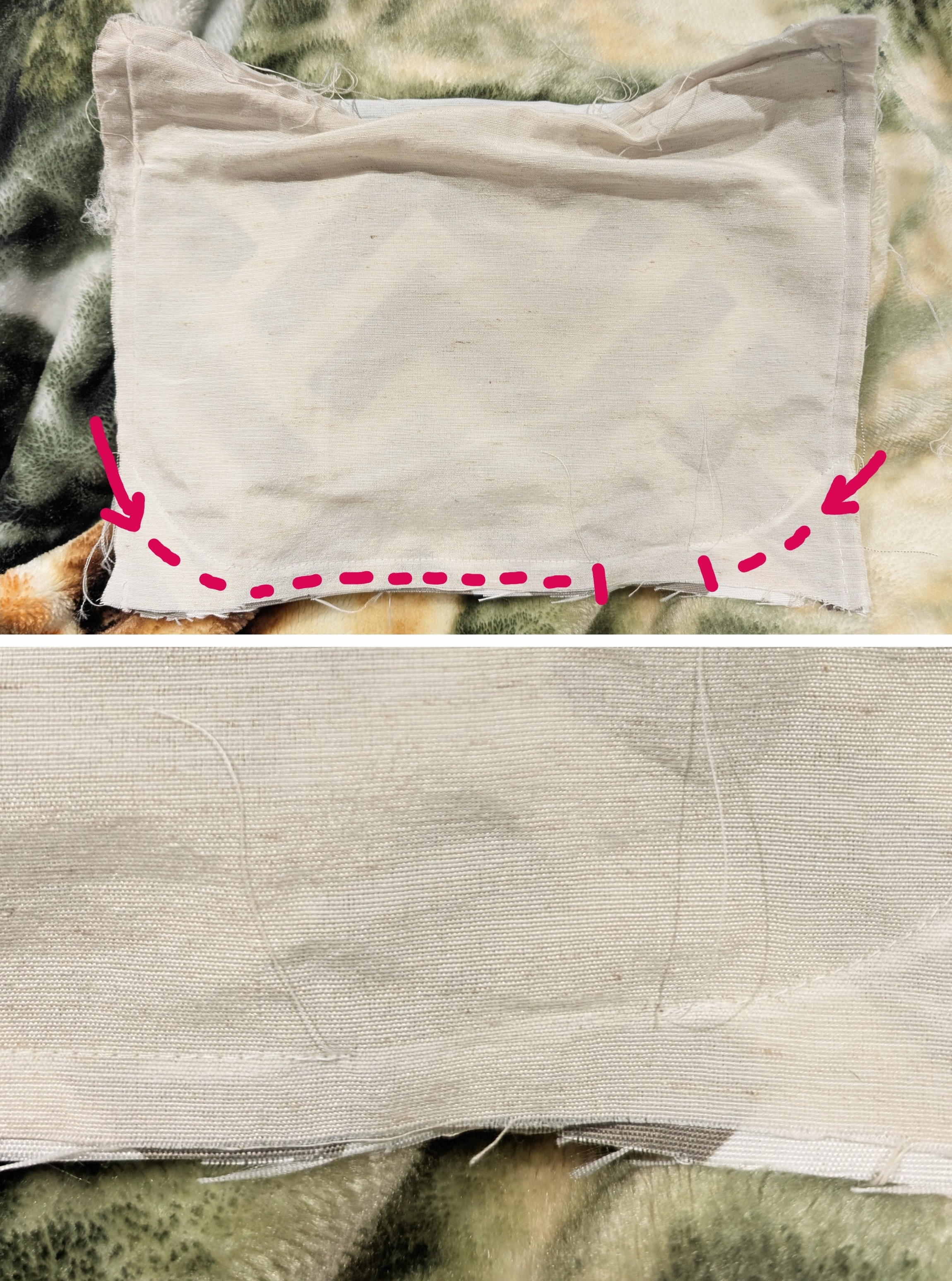 The bottom seam and the hole for stuffing.